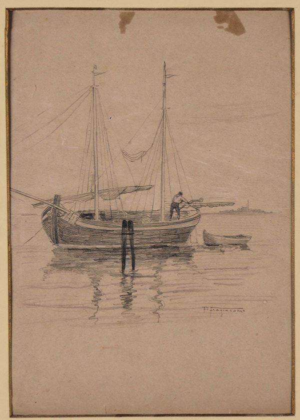 Pietro Fragiacomo (1856-1922), attribuito a Laguna con barche