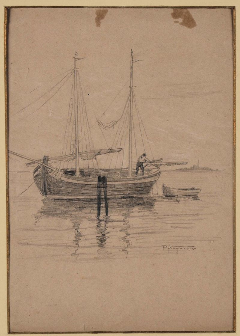 Pietro Fragiacomo (1856-1922), attribuito a Laguna con barche  - Asta La Dimora di un Conoscitore Bolognese - Cambi Casa d'Aste