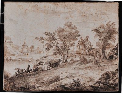 Scuola Bolognese del XVIII Secolopaesaggio con Cavaliere