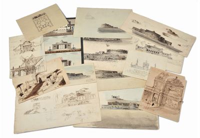 Quattordici Bozzetti Architettonici in Parte Acquerellati, XIX Secolo