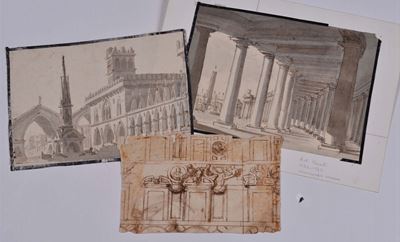 Lotto di Tre Disegni con Architetture, Due Acquerellate