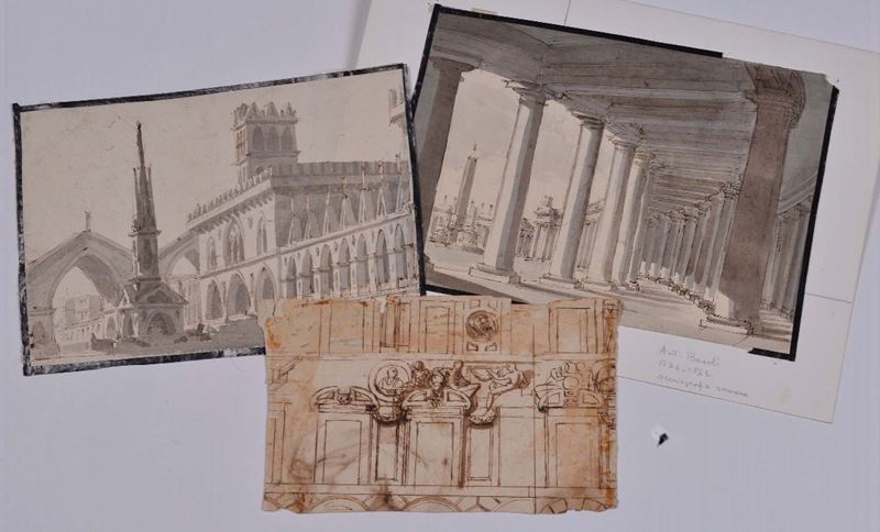 Lotto di tre disegni con architetture, due acquerellate  - Asta La Dimora di un Conoscitore Bolognese - Cambi Casa d'Aste