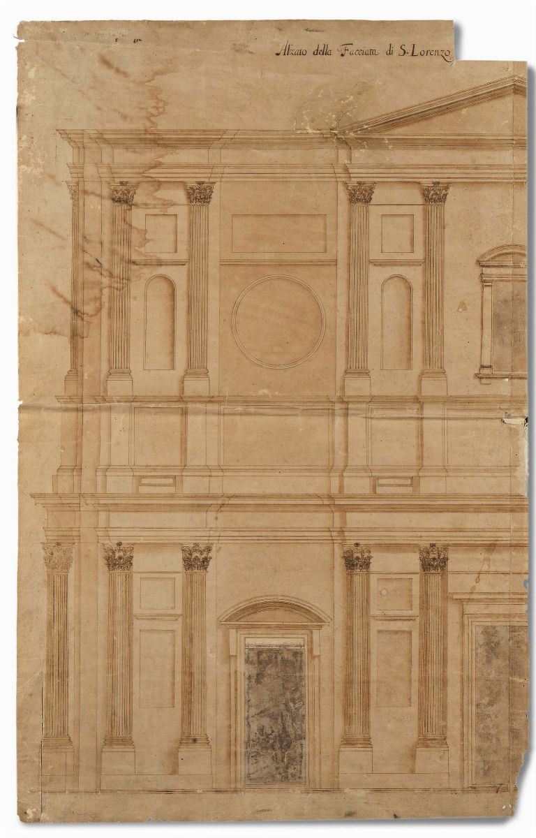 Scuola Italiana del XVIII secolo Alzato della facciata di S.Lorenzo  - Asta La Dimora di un Conoscitore Bolognese - Cambi Casa d'Aste