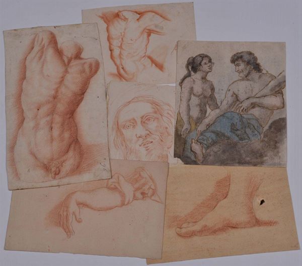 Lotto di sei disegni con studi di anatomia e personaggi