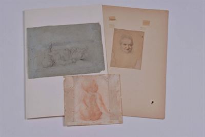 Lotto di Tre Disegni del XVIII Secolo a Matita e Sanguigna su Carta