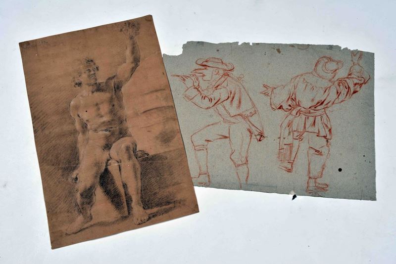 Lotto di disegni tra cui studi di figure e un paesaggio  - Auction The Collestions of a Fine Bolognese Art Connoisseur - Cambi Casa d'Aste