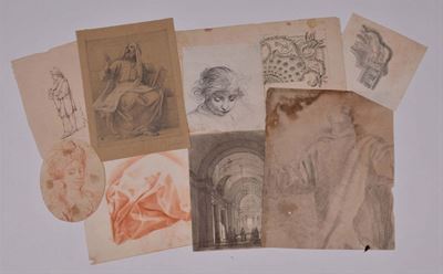 Lotto di Nove Disegni a Matita e Sanguigna Raffiguranti Figure ed Elementi Architettonici