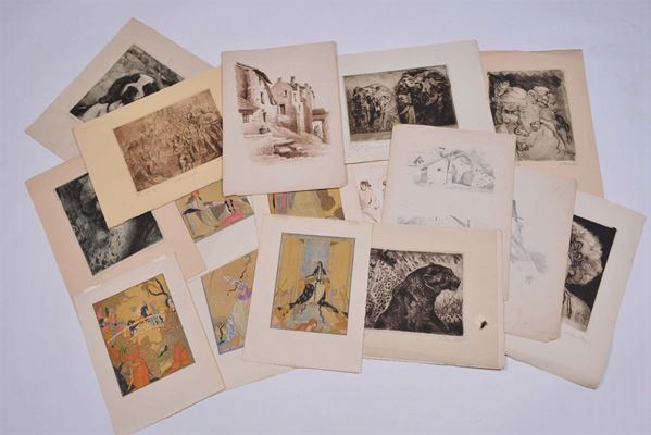Lotto composto da otto disegni del XIX secolo e cinque acquerelli Liberty