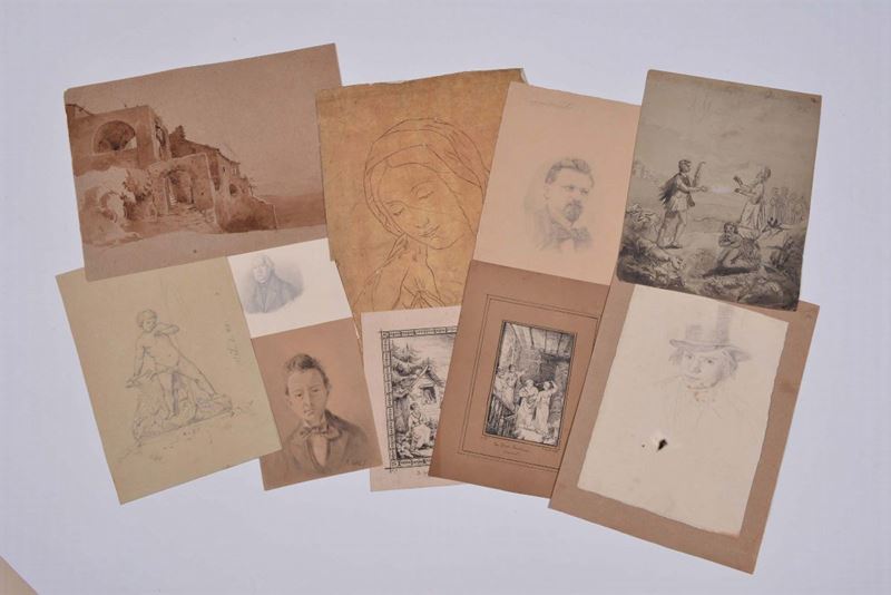 Lotto di dieci disegni a china e matita su carta di ignoti autori del XIX secolo  - Asta La Dimora di un Conoscitore Bolognese - Cambi Casa d'Aste