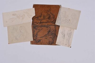 Lotto di Cinque Disegni a Matita e Carboncino su Carta