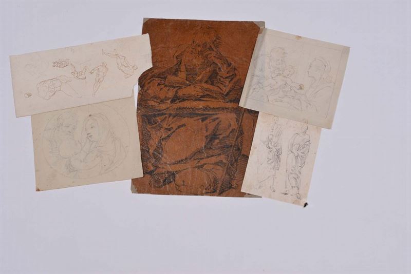 Lotto di cinque disegni a matita e carboncino su carta  - Auction The Collestions of a Fine Bolognese Art Connoisseur - Cambi Casa d'Aste