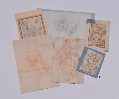 Sei Disegni a Matita, China e Sanguigna su Carta con Soggetti Differenti