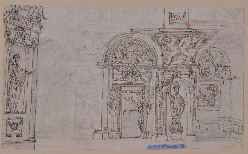 Bozzetto a china su carta raffigurante studio di decorazione d'interno  - Auction The Collestions of a Fine Bolognese Art Connoisseur - Cambi Casa d'Aste