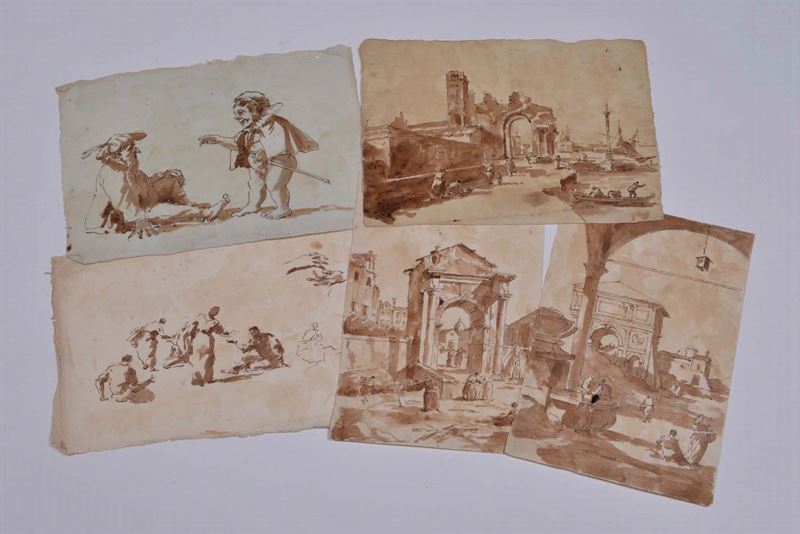 Lotto di cinque disegni del XX secolo, matita e acquerello su carta  - Asta La Dimora di un Conoscitore Bolognese - Cambi Casa d'Aste