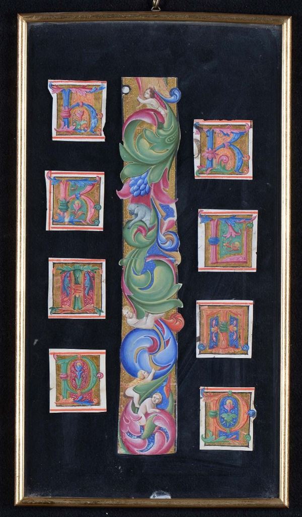 Pannellino con ritagli di capolettere in pergamena miniata