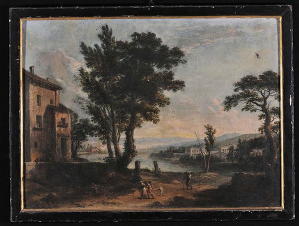 Scuola del XVIII secolo Paesaggio con viandanti e alberi