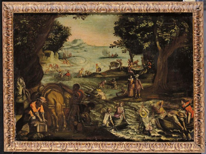 Scuola Fiamminga del XVII secolo Paesaggio con figure  - Asta La Dimora di un Conoscitore Bolognese - Cambi Casa d'Aste