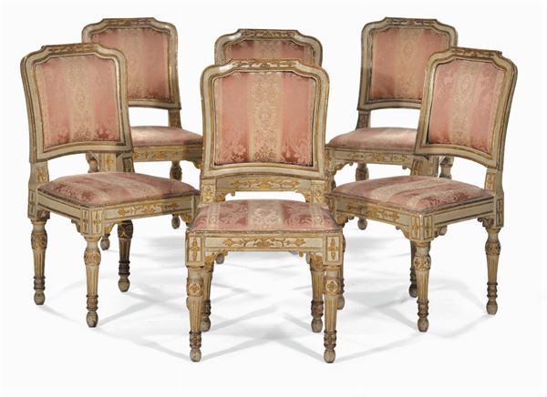 Sei sedie Luigi XVI laccate e dorate, Emilia fine XVIII secolo