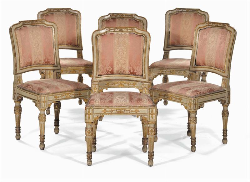 Sei sedie Luigi XVI laccate e dorate, Emilia fine XVIII secolo  - Auction The Collestions of a Fine Bolognese Art Connoisseur - Cambi Casa d'Aste
