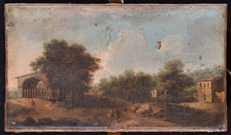 Scuola Italiana del XVIII secolo Paesaggio con viandanti  - Asta La Dimora di un Conoscitore Bolognese - Cambi Casa d'Aste