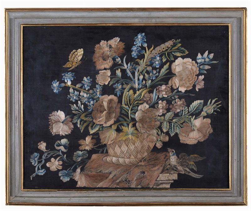 Ricamo in cornice con natura morta floreale  - Asta La Dimora di un Conoscitore Bolognese - Cambi Casa d'Aste