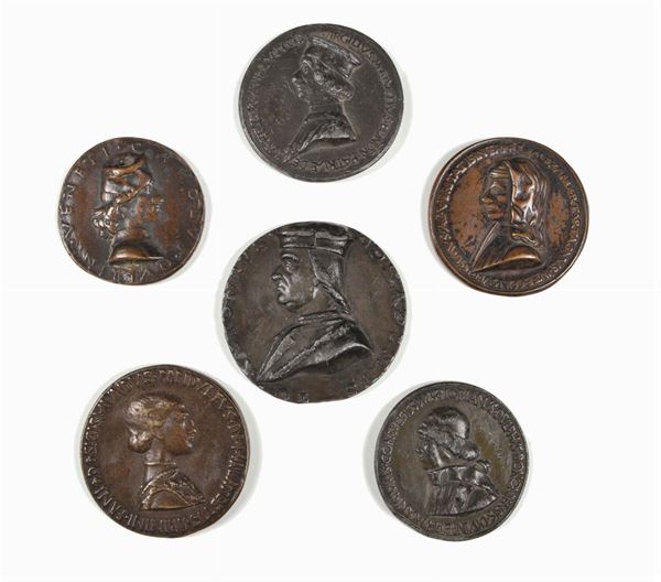 Sei medaglie in bronzo con profili maschili in stile rinascimentale