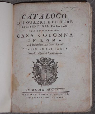 Cataloghicatalogo dei Quadri, e Pitture Esistenti nel Palazzo Dell’eccellentissima Casa Colonna i...