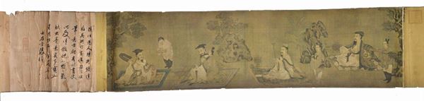 Paper and silk roll representing the four Taoist wise men and four servants, China, Qing Dynasty, Qianlong Period (1736-1795), h cm 45, length cm 169