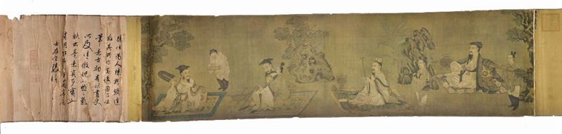 Paper and silk roll representing the four Taoist wise men and four servants, China, Qing Dynasty, Qianlong Period (1736-1795), h cm 45, length cm 169  - Auction Fine Chinese Works of Art - Cambi Casa d'Aste