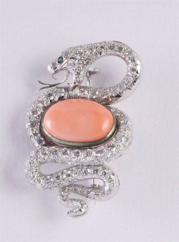 A 20th century coral and diamond snake brooch