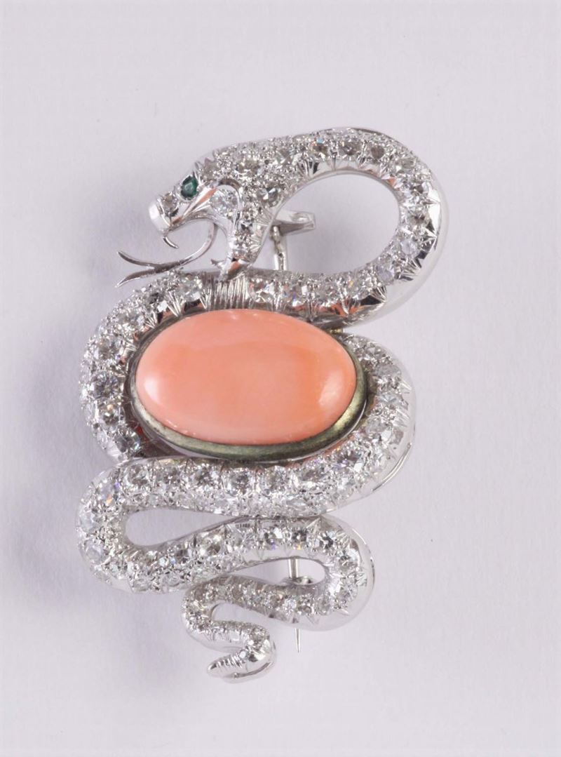 Spilla raffigurante un serpente con diamanti e corallo  - Auction Silvers, Ancient and Contemporary Jewels - Cambi Casa d'Aste