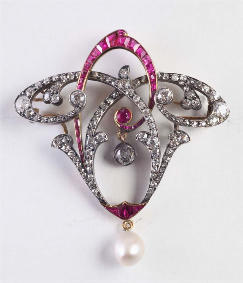 Spilla Liberty con diamanti, rubini e una perla  - Asta Argenti e Gioielli Antichi e Contemporanei - Cambi Casa d'Aste