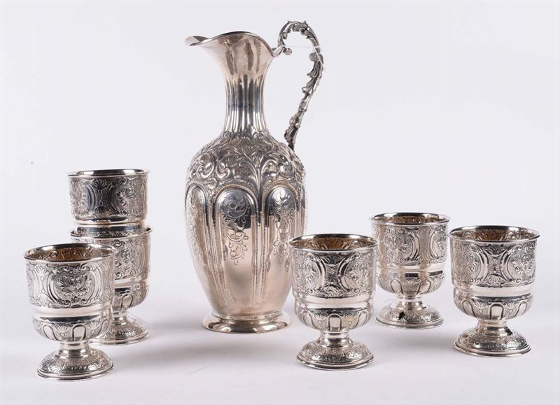 Lotto composto da brocca e sei bicchieri in argento  - Auction Silvers, Ancient and Contemporary Jewels - Cambi Casa d'Aste