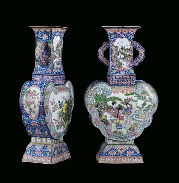 Pair of Canton enamel metal vases with landscapes and vegetable decorations, China, Qing Dynasty, 19th century, polychrome decoration with figures, landscapes and floral elements, cm 50
