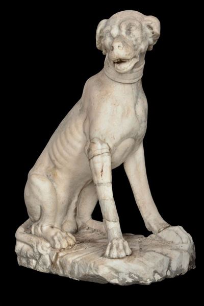 Coppia di Cani Seduti in Marmo Bianco, XVIII Secolo