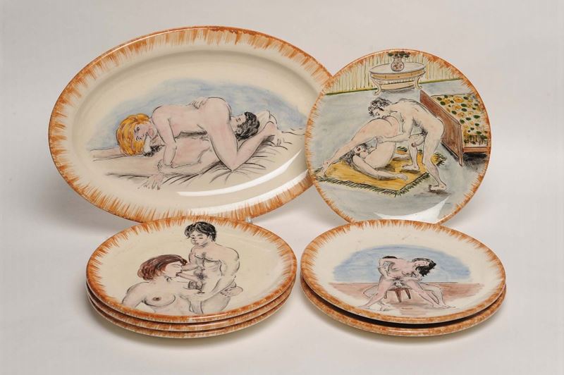 Sei piatti più uno di servizio a soggetto erotico  - Auction Antique and Old Masters - II - Cambi Casa d'Aste