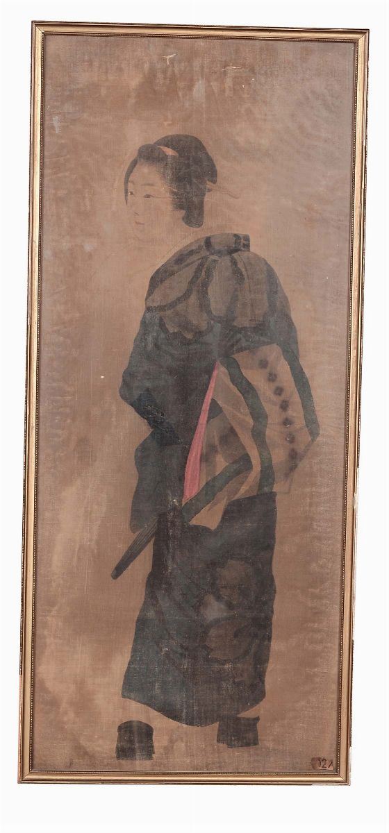 Coppia di pannelli su seta raffiguranti personaggi, Giappone,  XIX secolo