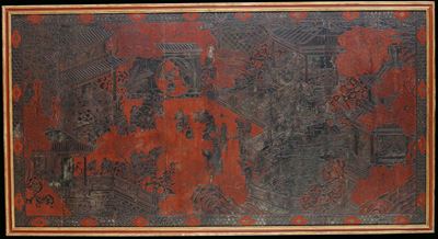 Grande Pannello in Cuoio Parzialmente Laccata Coromandel, Cina, Dinastia Qing, Fine XVIII Secolo