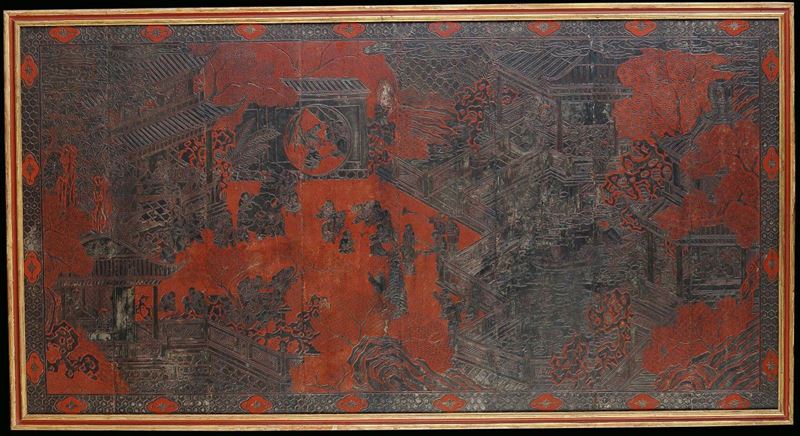 Large leather panel, partially Coromandel lacquer, China, Qing Dynasty, end 18th century Decoration with figures and pagodas, cm 105x203  - Auction Fine Chinese Works of Art - Cambi Casa d'Aste
