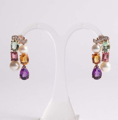 Orecchini con Perle, Diamanti e Pietre Multicolor