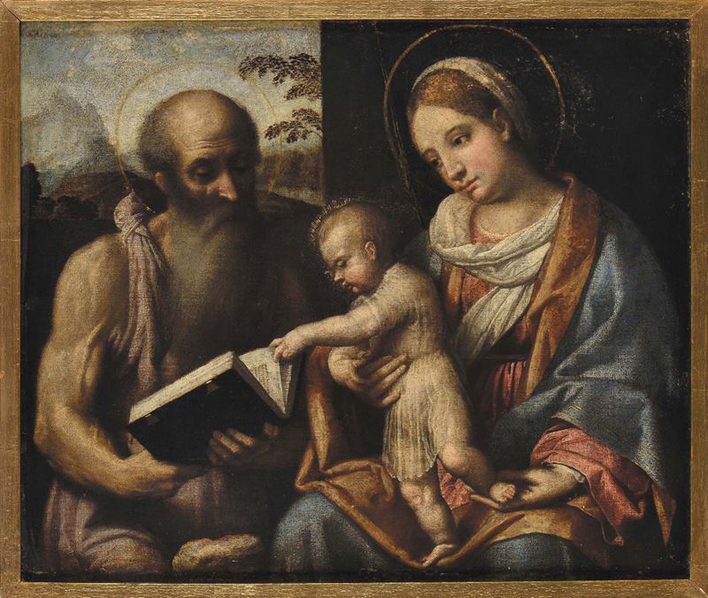 Moretto da Brescia (1490/98-1554) Madonna, Bambin Gesù e Santo con libro  - Asta La Dimora di un Conoscitore Bolognese - Cambi Casa d'Aste