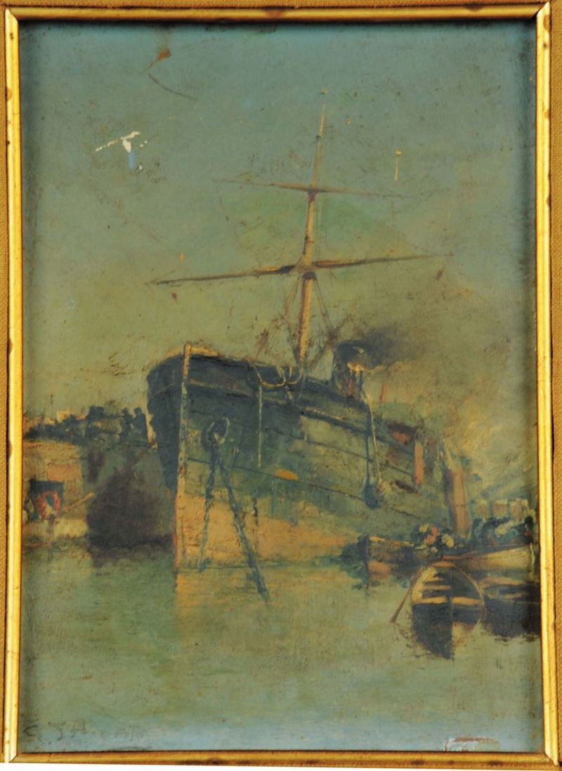 Gennaro D'Amato (1857-1947) Piroscafo nel porto  - Asta Dipinti del XIX e XX secolo - Cambi Casa d'Aste