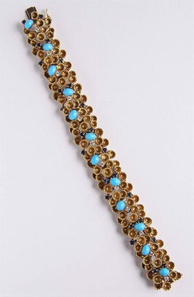 Bracciale con Zaffiri, Turchesi e Diamanti. Anni '60