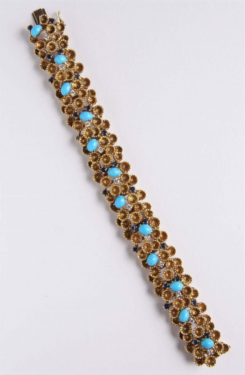 Bracciale con zaffiri, turchesi e diamanti. Anni '60  - Auction Silvers, Ancient and Contemporary Jewels - Cambi Casa d'Aste