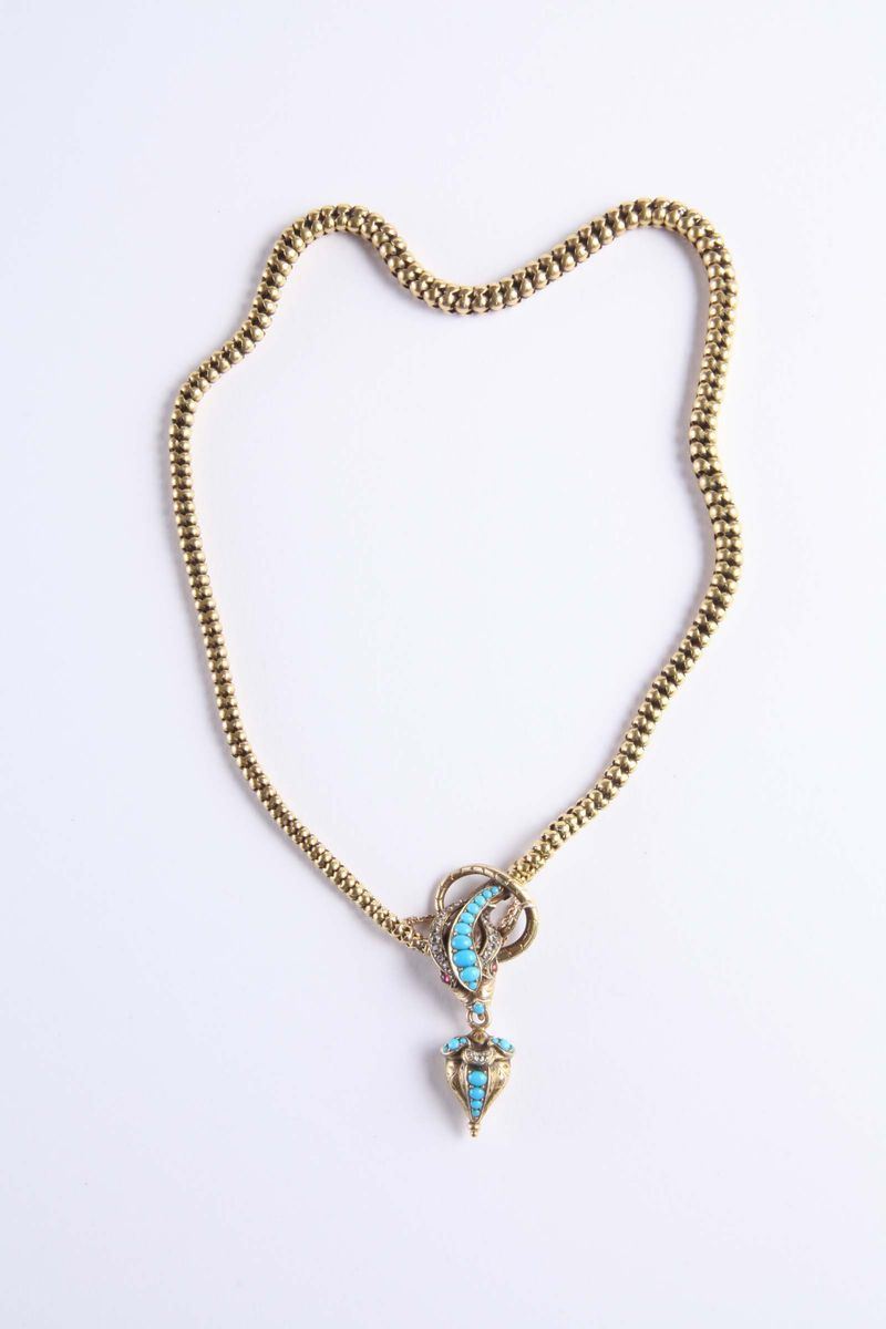 Girocollo vittoriano raffigurante un serpente con turchesi e piccoli diamanti  - Auction Silvers, Ancient and Contemporary Jewels - Cambi Casa d'Aste