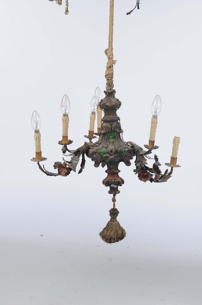 Lampadarietto a tre luci in legno dipinto e ferro  - Auction Antique and Old Masters - II - Cambi Casa d'Aste