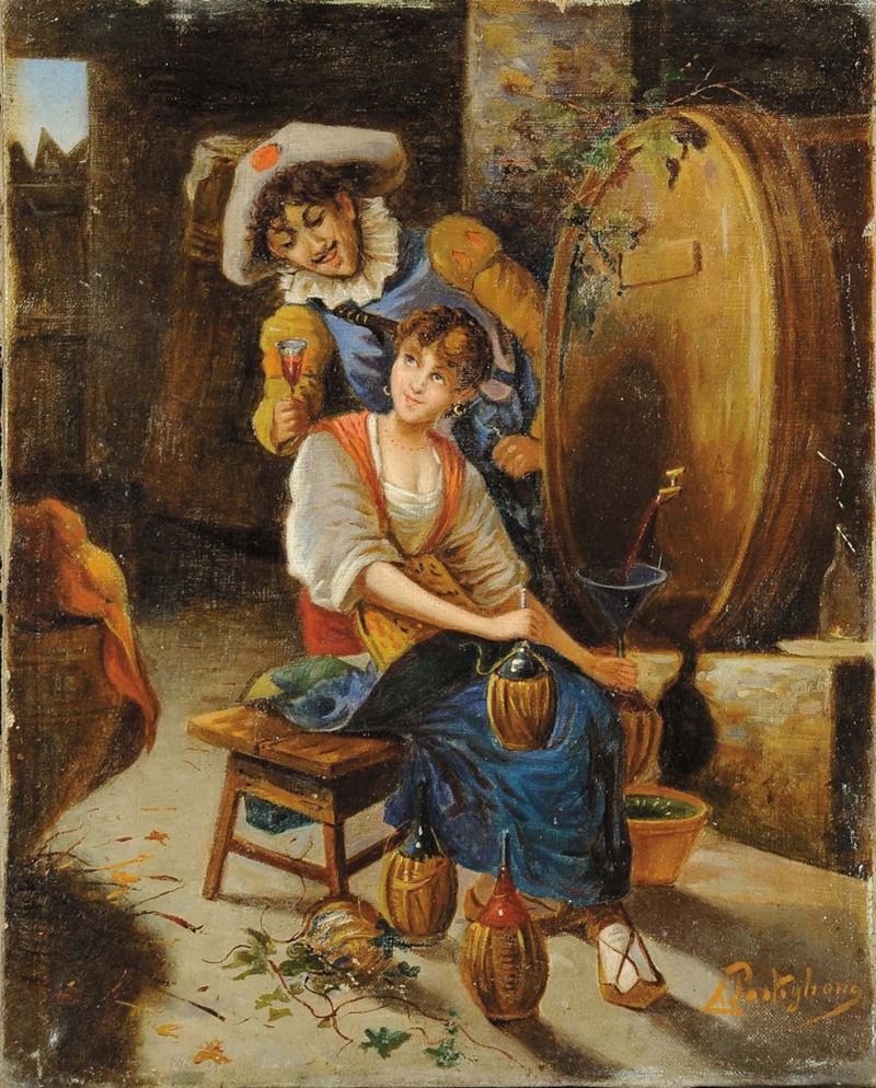 Salvatore Postiglione (1861-1906) Corteggiamento della vinaia  - Asta Dipinti del XIX e XX secolo - Cambi Casa d'Aste