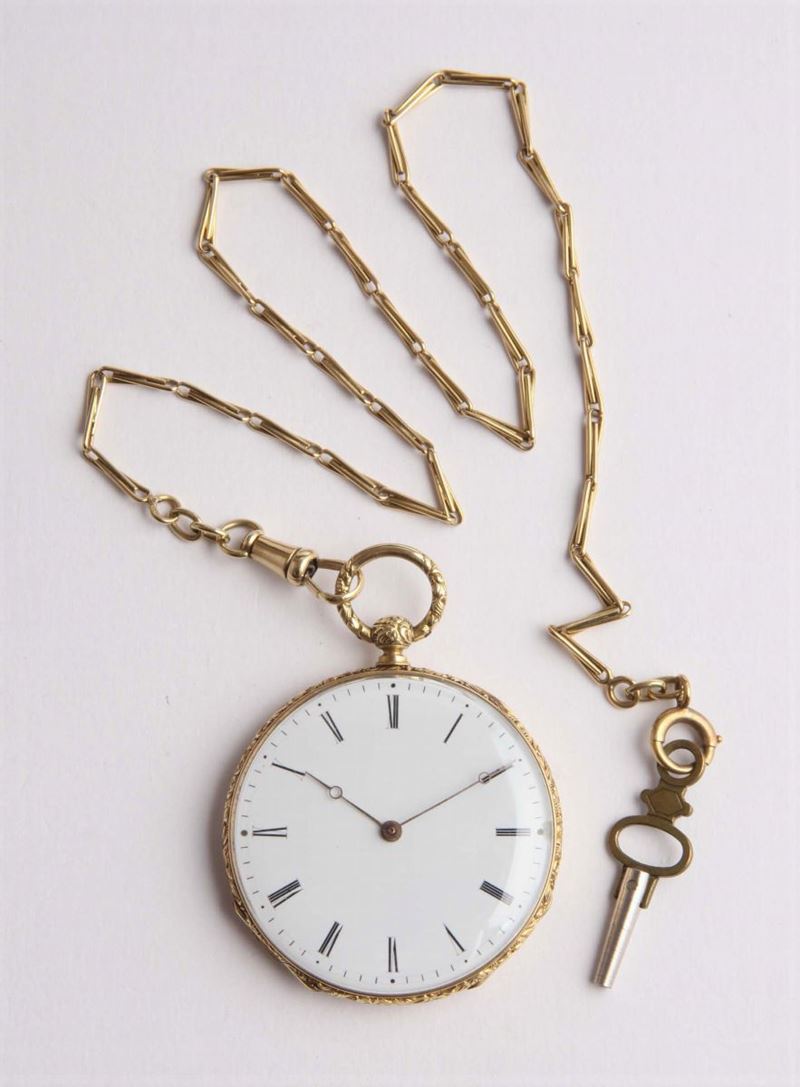Orologio da tasca inciso con catena  - Asta Argenti e Gioielli Antichi e Contemporanei - Cambi Casa d'Aste