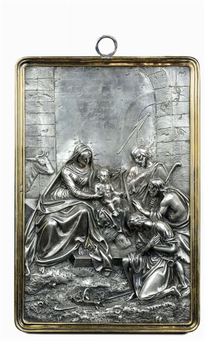 Grande Placca in Argento Raffigurante Adorazione dei Pastori, I.p. Sazikov Mosca 1851