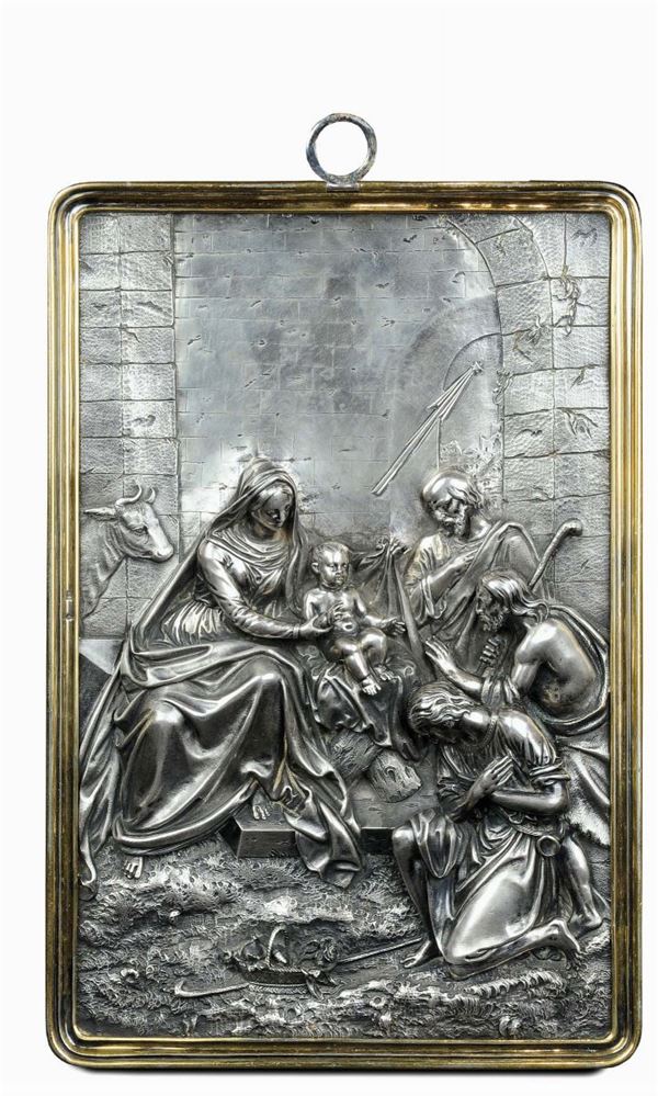 Grande placca in argento raffigurante adorazione dei pastori, I.P. Sazikov Mosca 1851